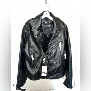 Zara Black Leather Moto Biker Jacket